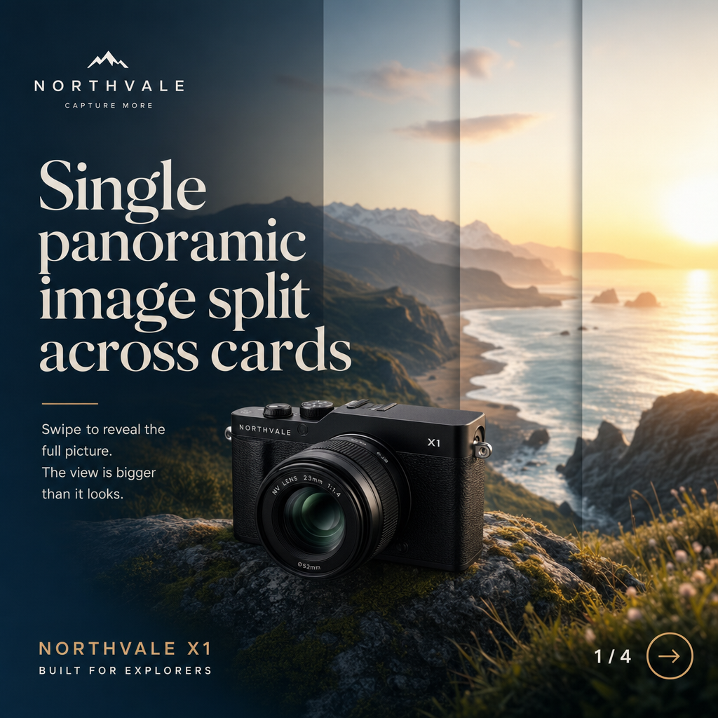 Carousel ad for a camera brand with a panoramic coastal image split across cards