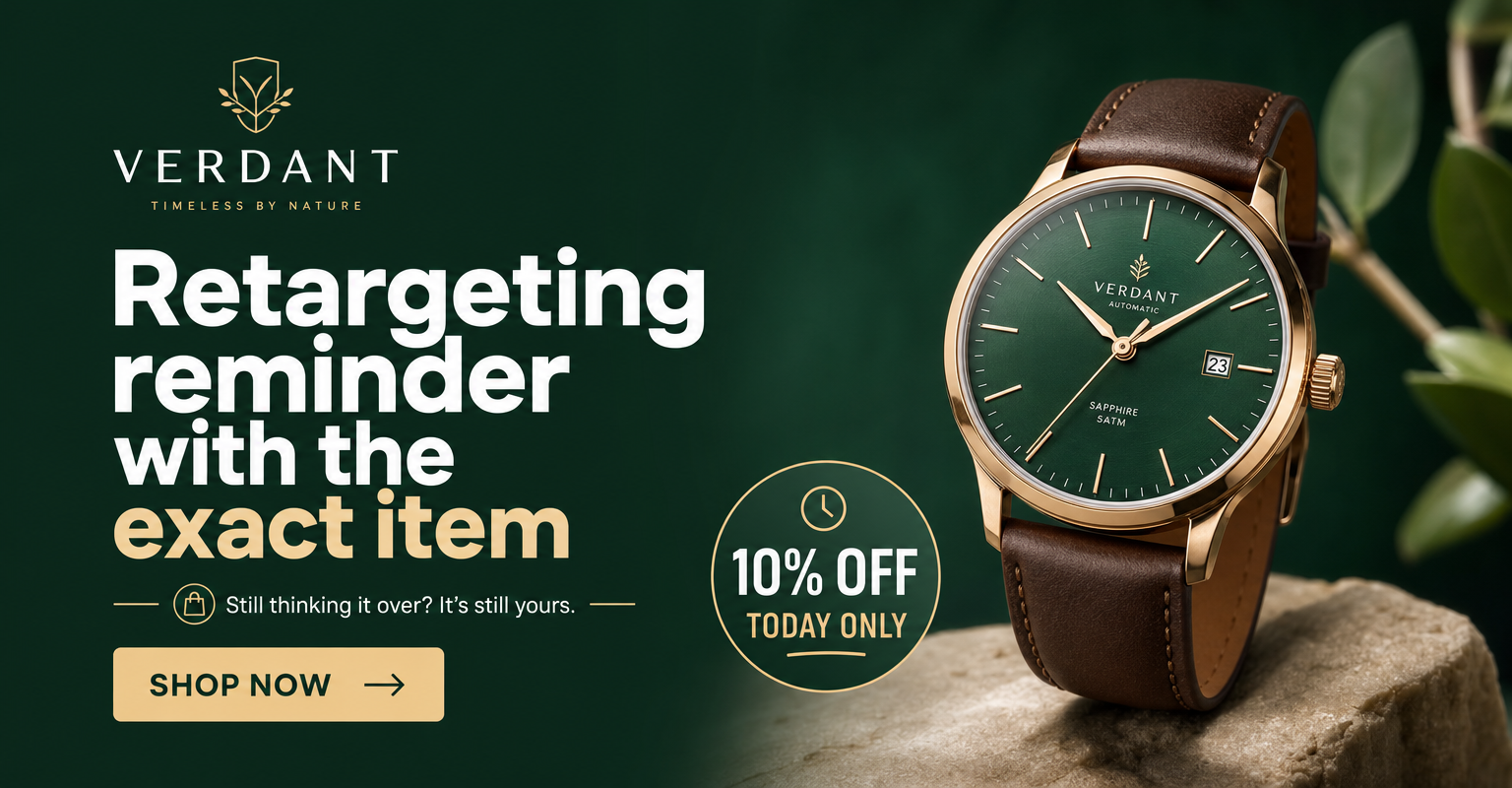Display banner for a watch brand with a 10% off badge and a Shop Now button