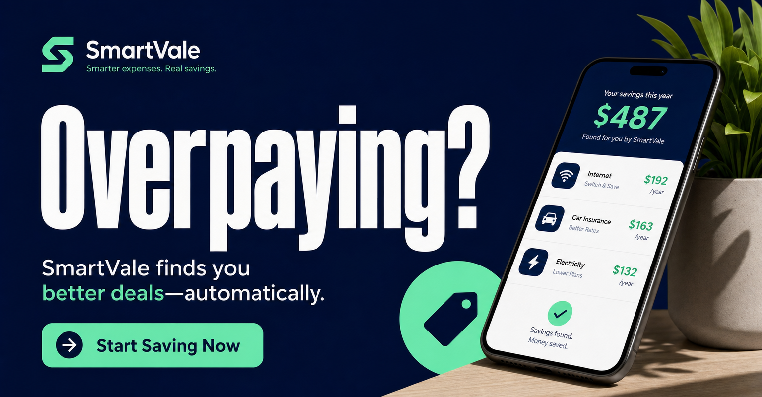 Display banner for a savings app: 'Overpaying?' next to a phone showing money found