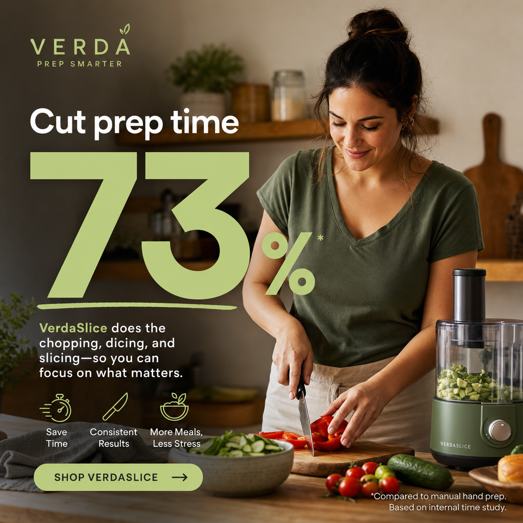 Facebook ad for a kitchen appliance brand: 'Cut prep time 73%' over a photo of someone chopping vegetables