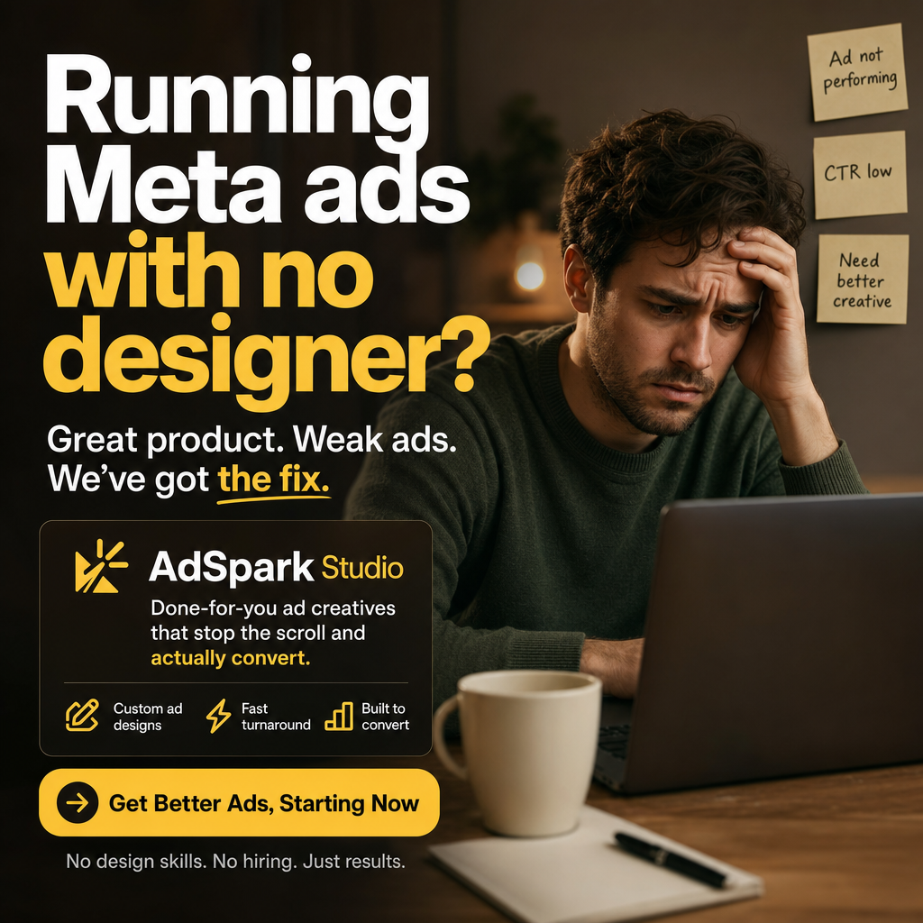 Facebook ad asking 'Running Meta ads with no designer?' above a done-for-you creative offer