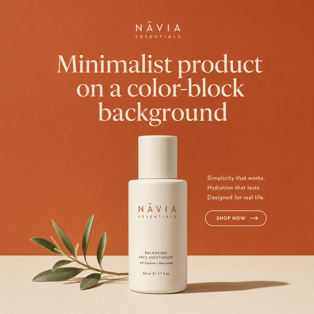 Instagram ad for a face moisturizer photographed on a terracotta color-block background