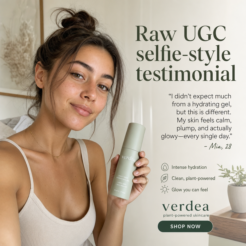 A generated organic post in UGC style: a creator holding a skincare gel with a first-person caption