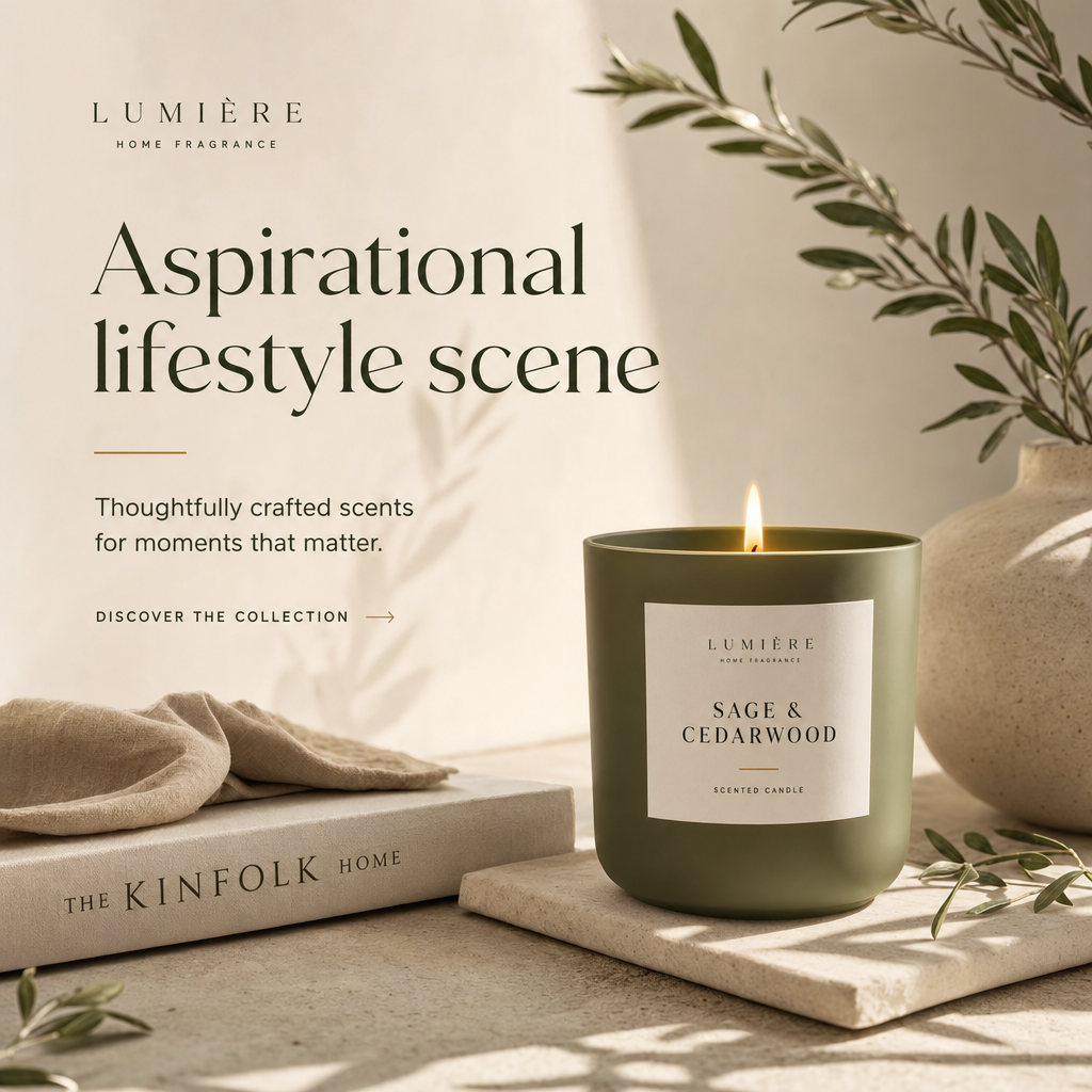 Instagram ad for a home fragrance brand showing a lit candle in a sunlit lifestyle scene