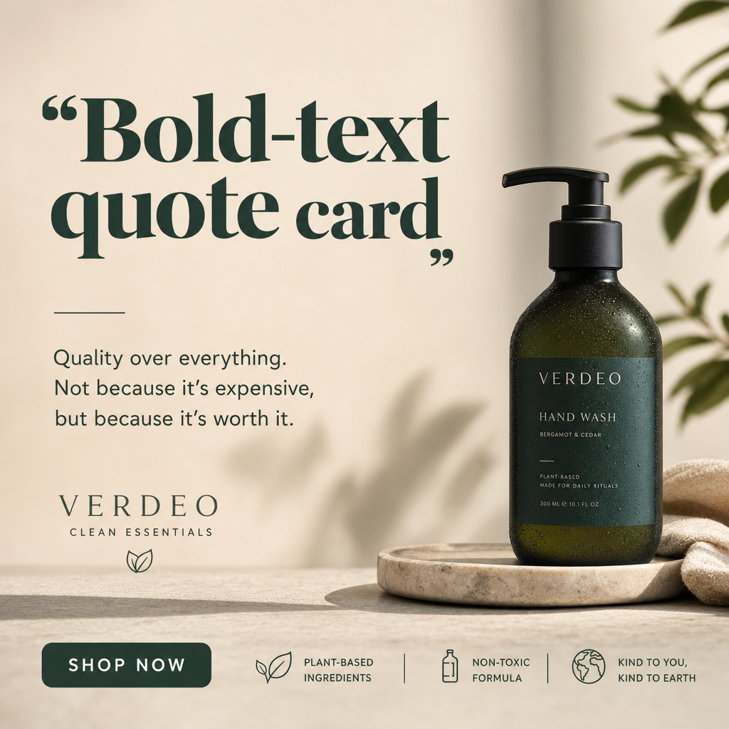A generated quote card: a bold-text statement about quality beside a hand wash bottle