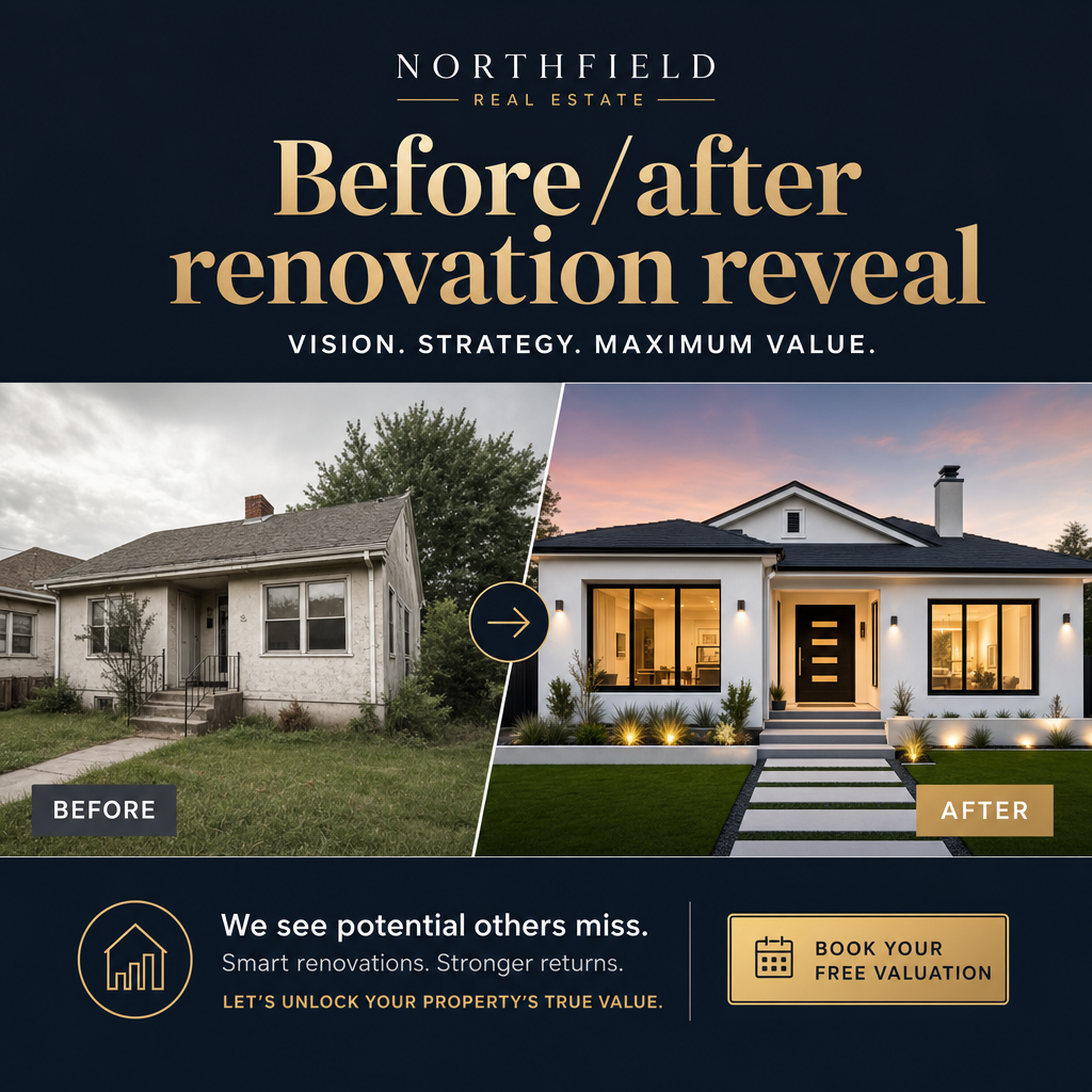 Real estate ad showing a before and after renovation reveal with a free valuation CTA