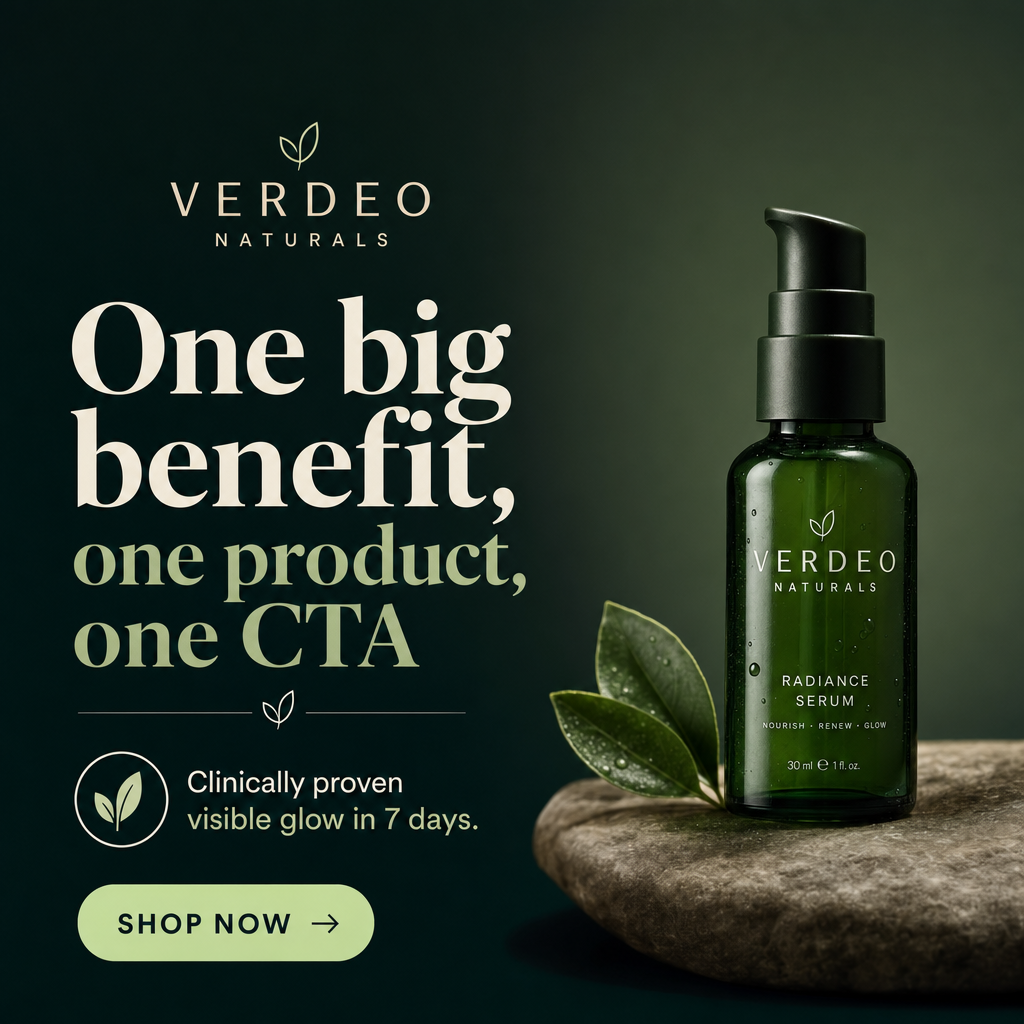 A generated square ad for a skincare serum: one benefit, the product on a dark ground, and a Shop Now button