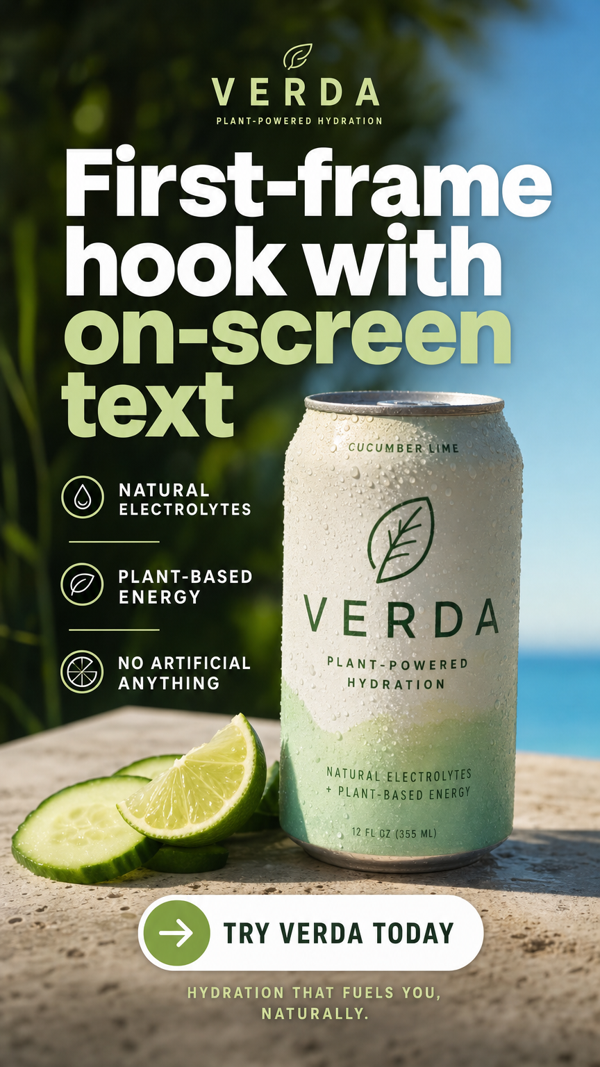 Instagram Story ad for a plant-powered drink brand with a chilled can and benefit list