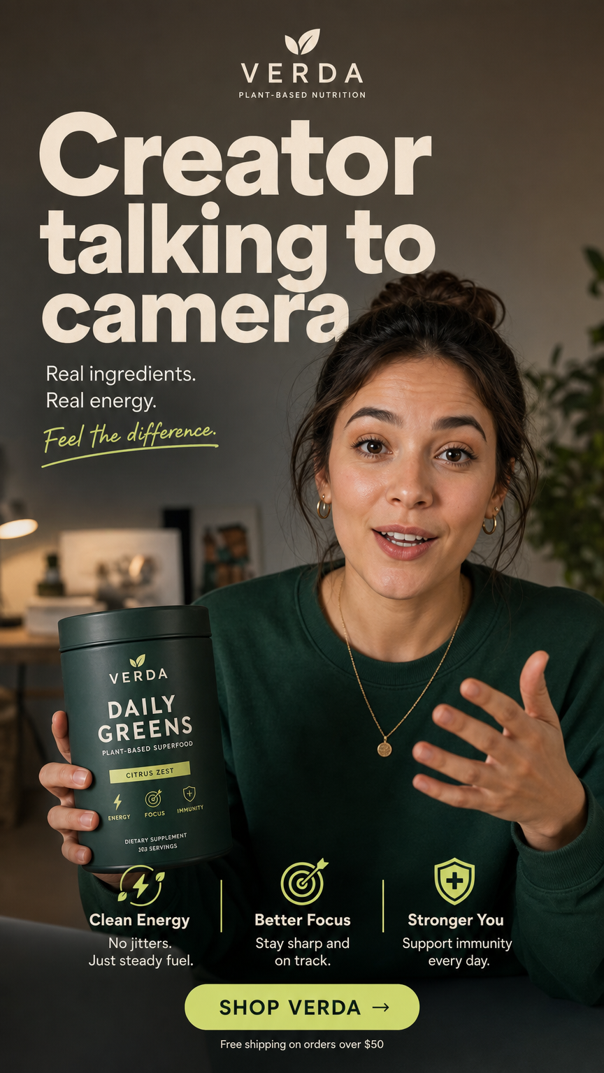 Instagram Story ad with a creator holding a greens supplement and three benefit callouts
