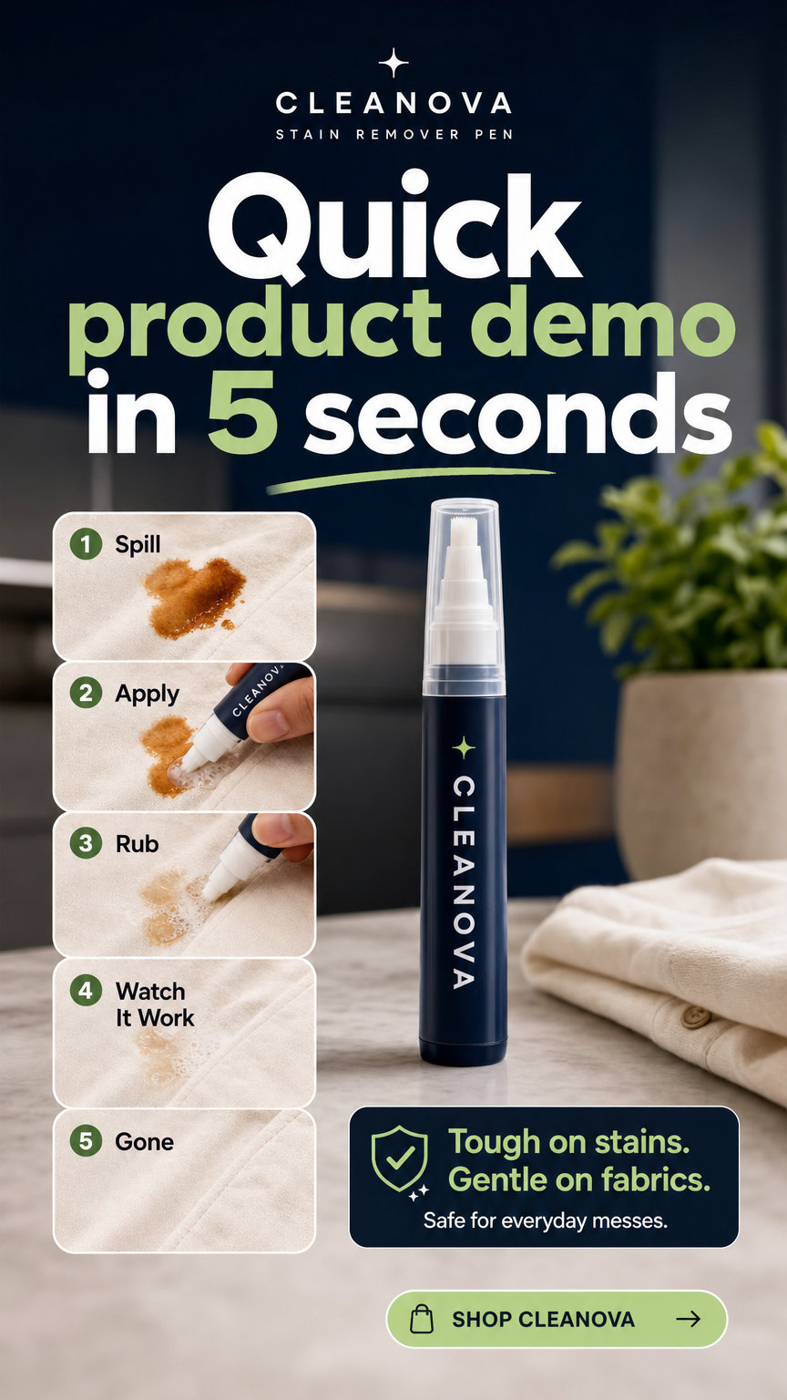 Instagram Story ad for a stain remover pen showing a five-step product demo